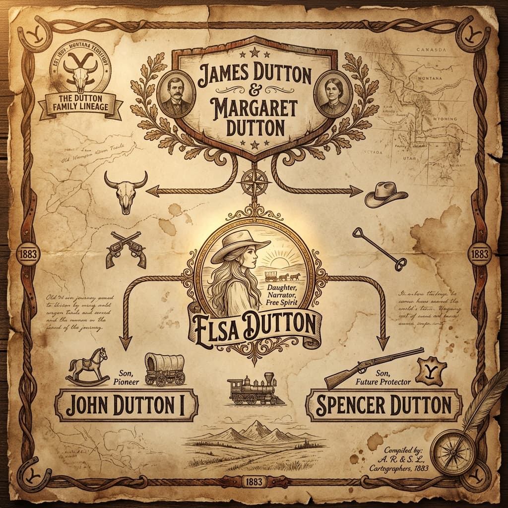 Complete 1883 Dutton Family Tree Map showing James, Margaret, Elsa and children