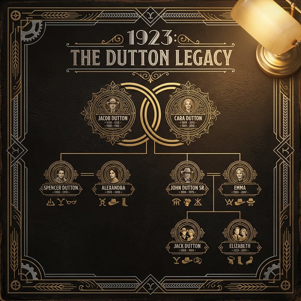 Complete 1923 Dutton Family Tree Map showing Jacob, Cara, and Spencer's line