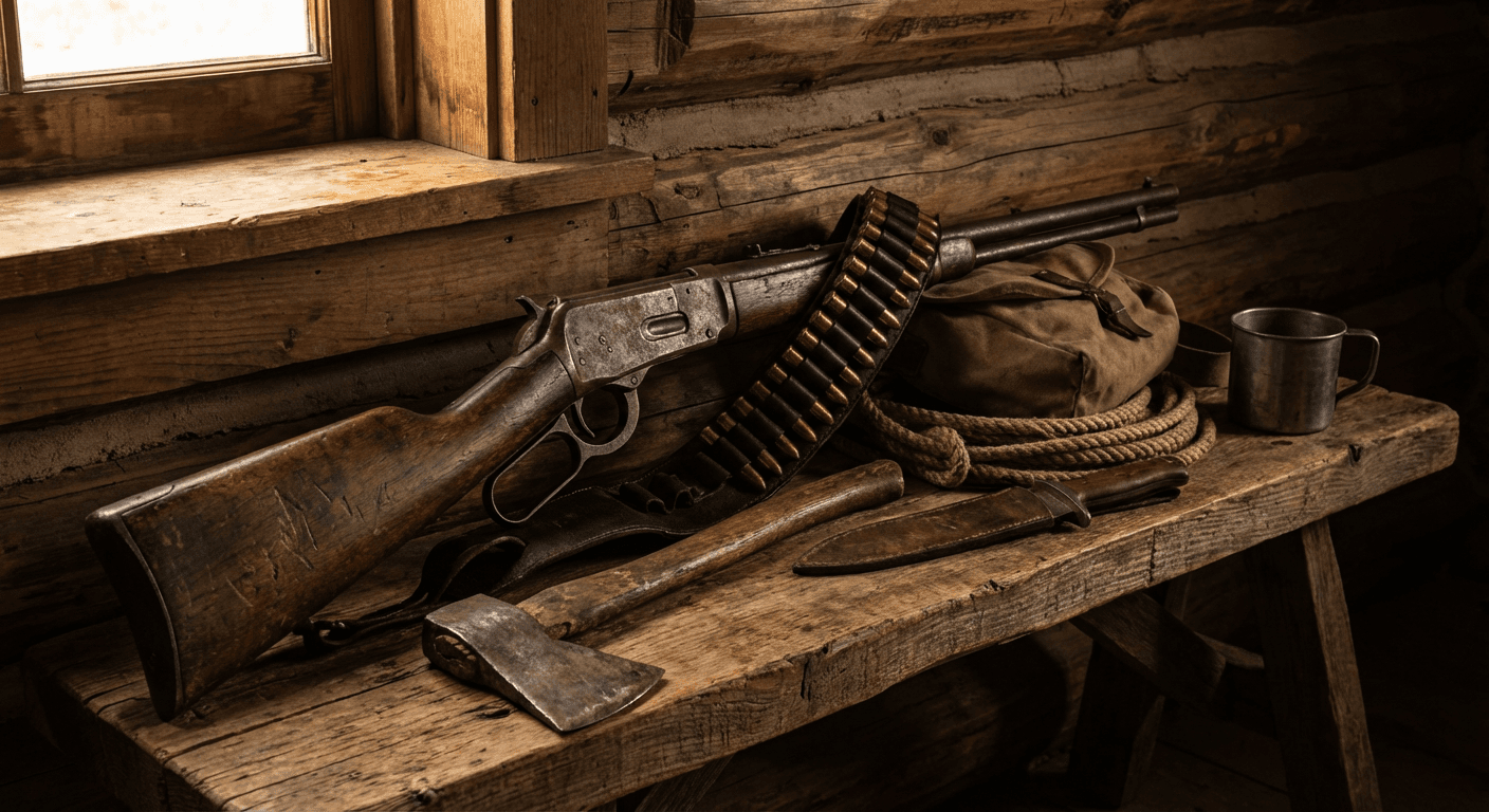 Antique rifle and frontier gear from the 1883 era