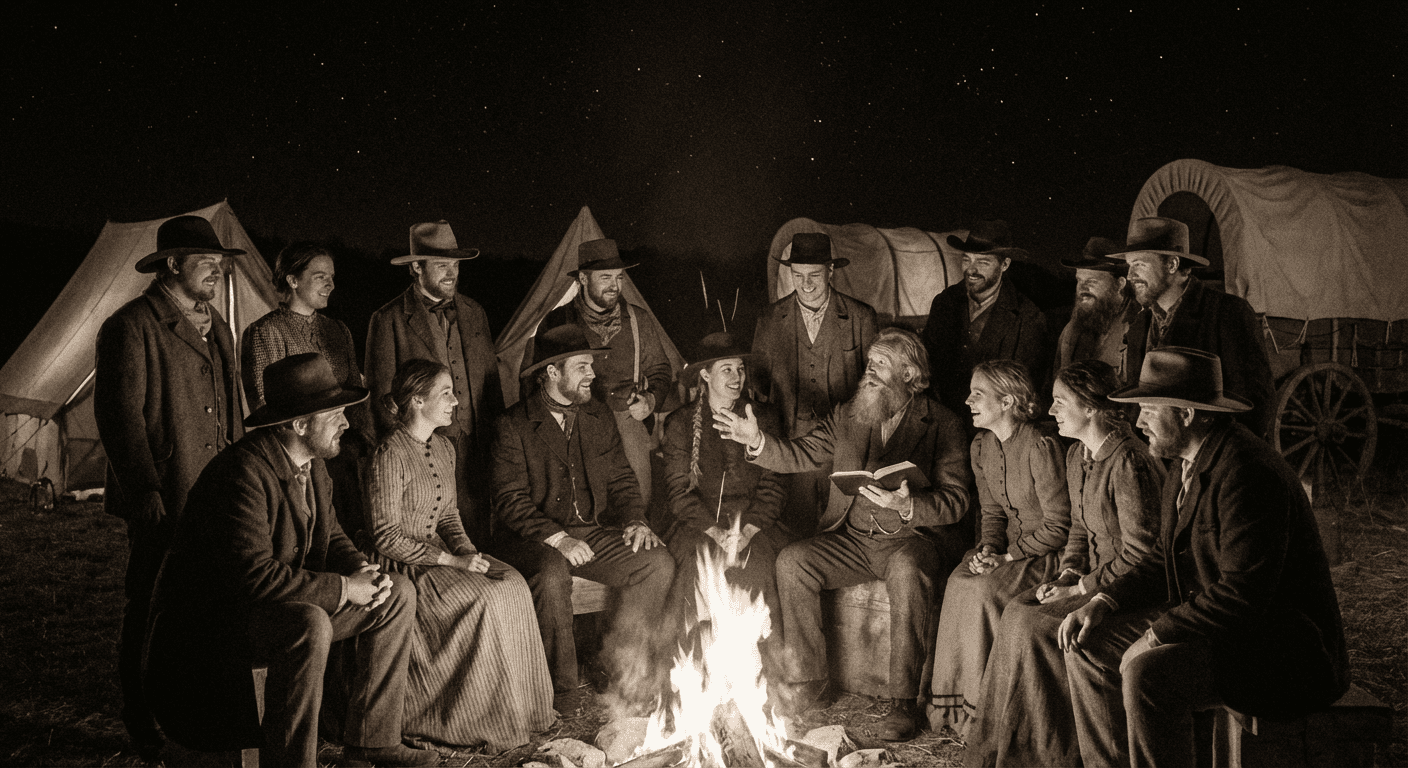 Campfire storytelling scene capturing the intimate moments of the journey