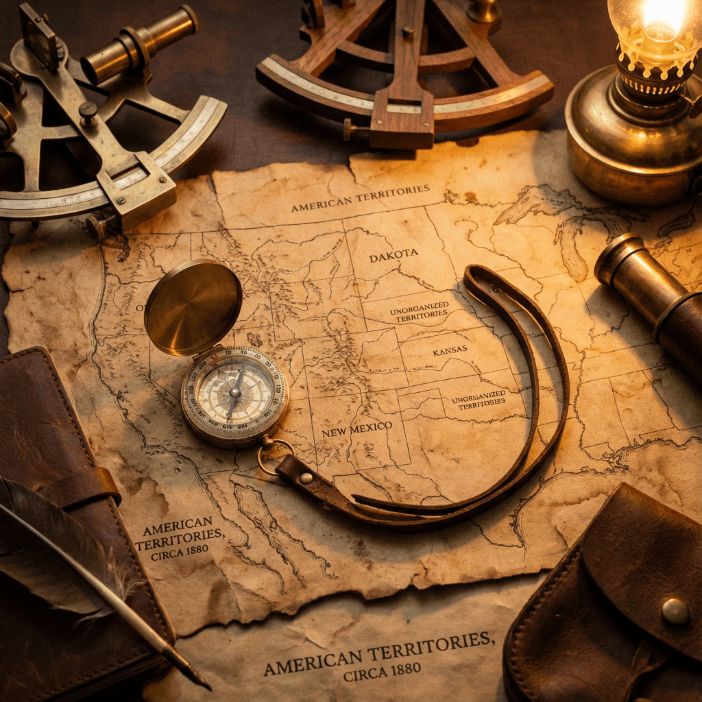 Antique compass and map used for navigation on the trail