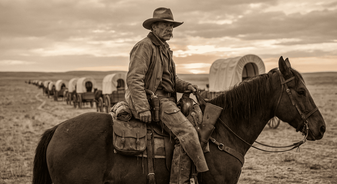 Cowboy riding horseback through the frontier landscape
