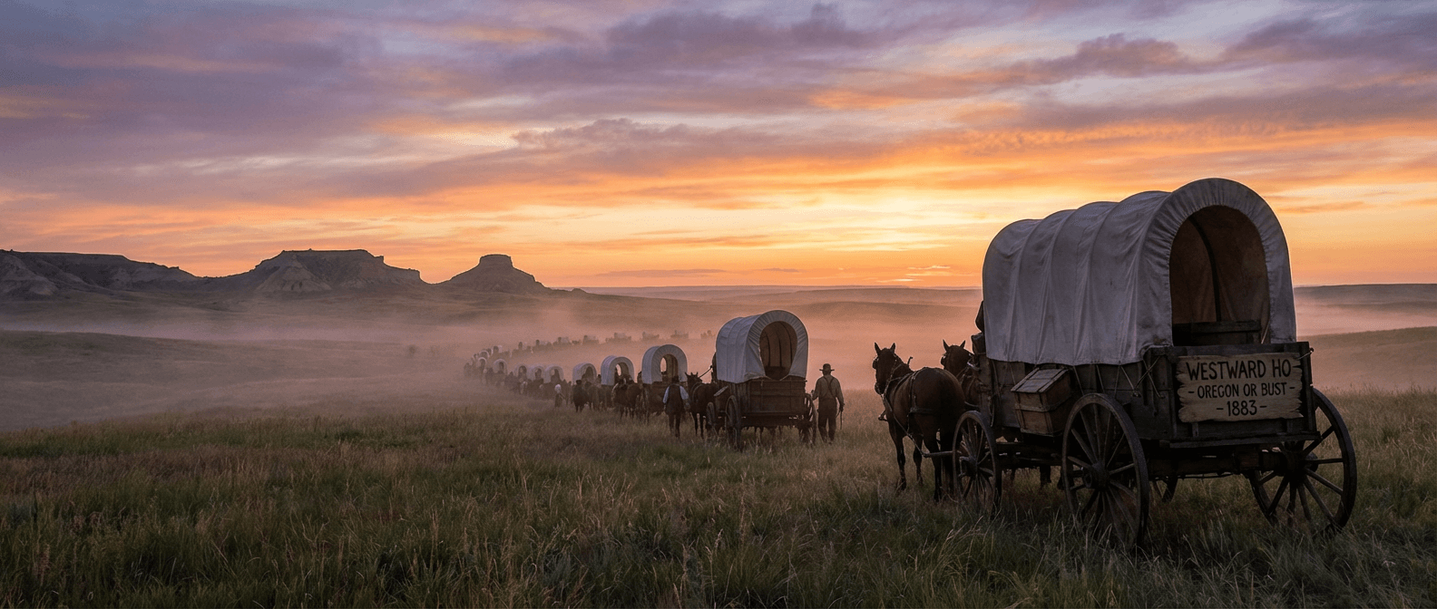 Dawn departure of the wagon train representing new beginnings and hope