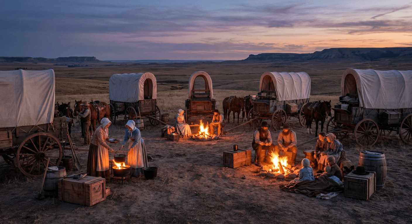 Frontier camp scene at dusk during the journey west