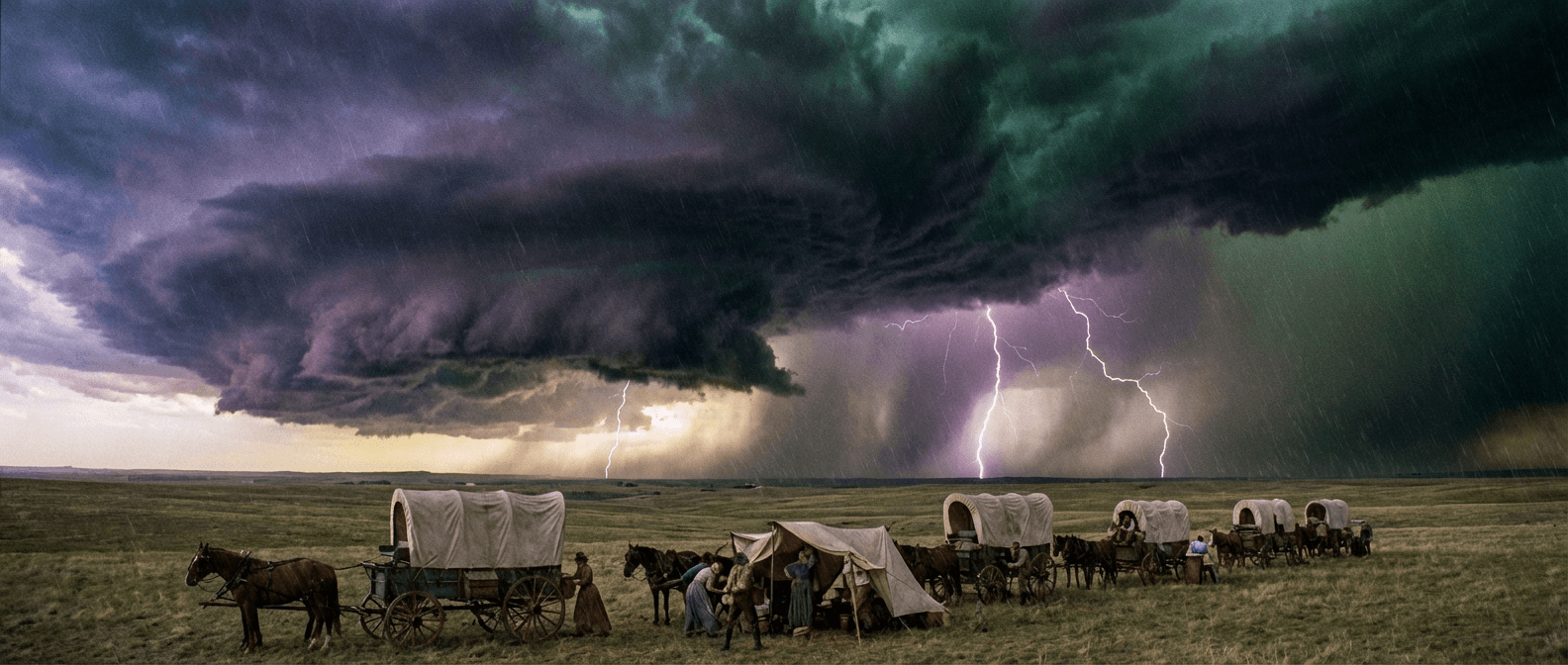 Dramatic prairie storm approaching the wagon train