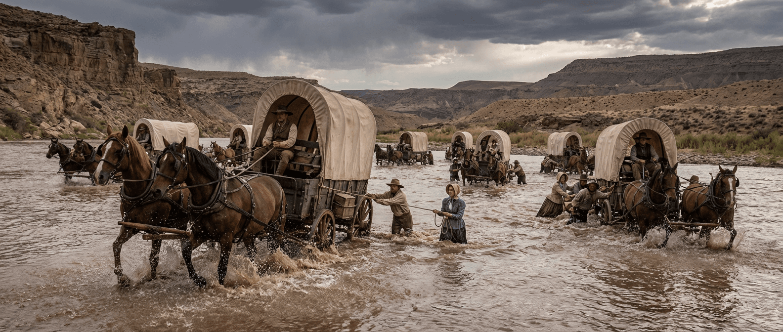 Dramatic river crossing scene from the perilous westward journey