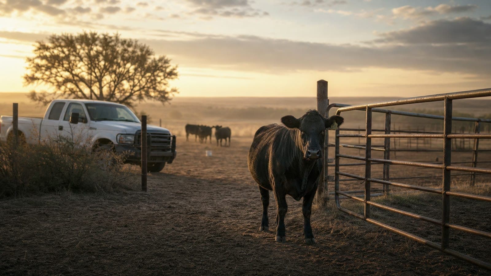 A black Angus cow isolated beside a metal quarantine gate on a dusty South Texas ranch at sunrise, with a veterinarian pickup nearby.