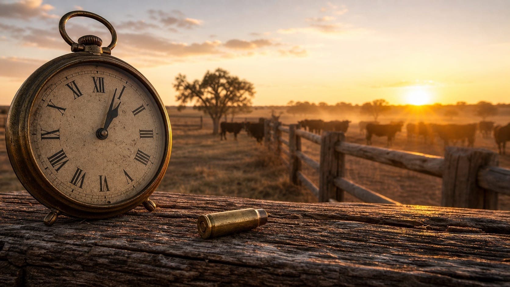 A South Texas ranch at sunrise with cattle, a vintage clock, and a bullet casing on a wooden fence rail
