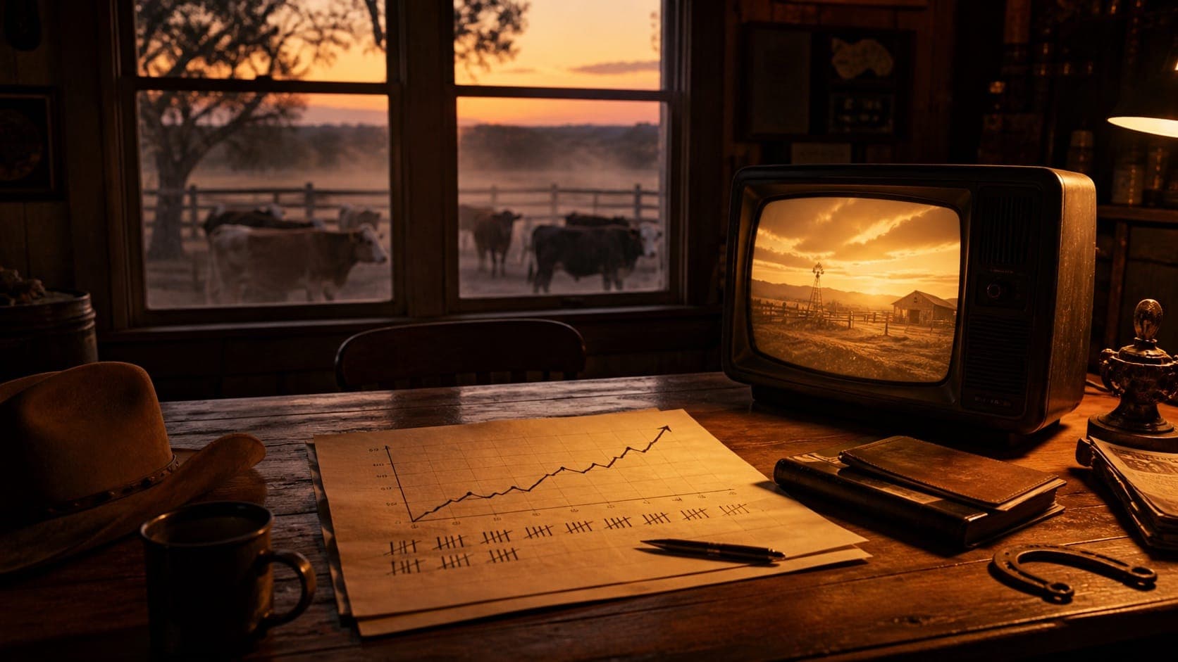 A South Texas ranch at dusk with a glowing television screen and rising audience chart marks on a wooden table