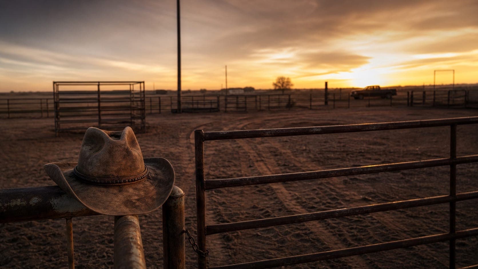 An empty South Texas cattle pen at dusk with a closed gate, tire tracks, and a ranch truck in the distance