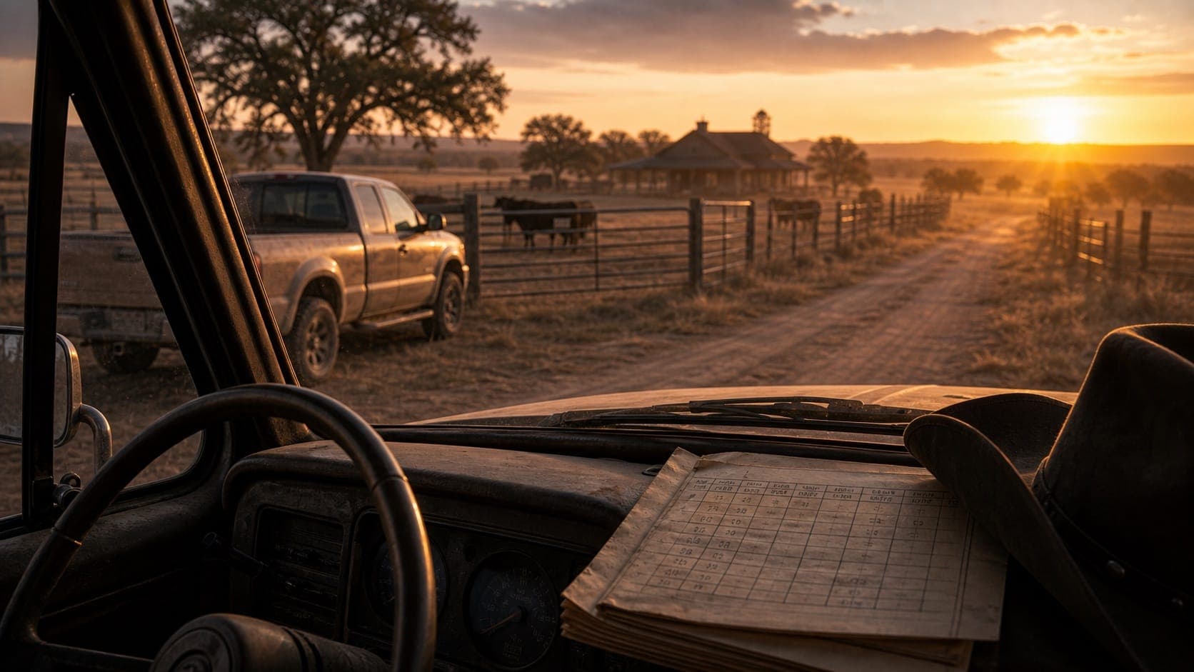 A South Texas ranch road at dawn with a pickup truck, cattle fence, and a paper episode schedule on the dashboard