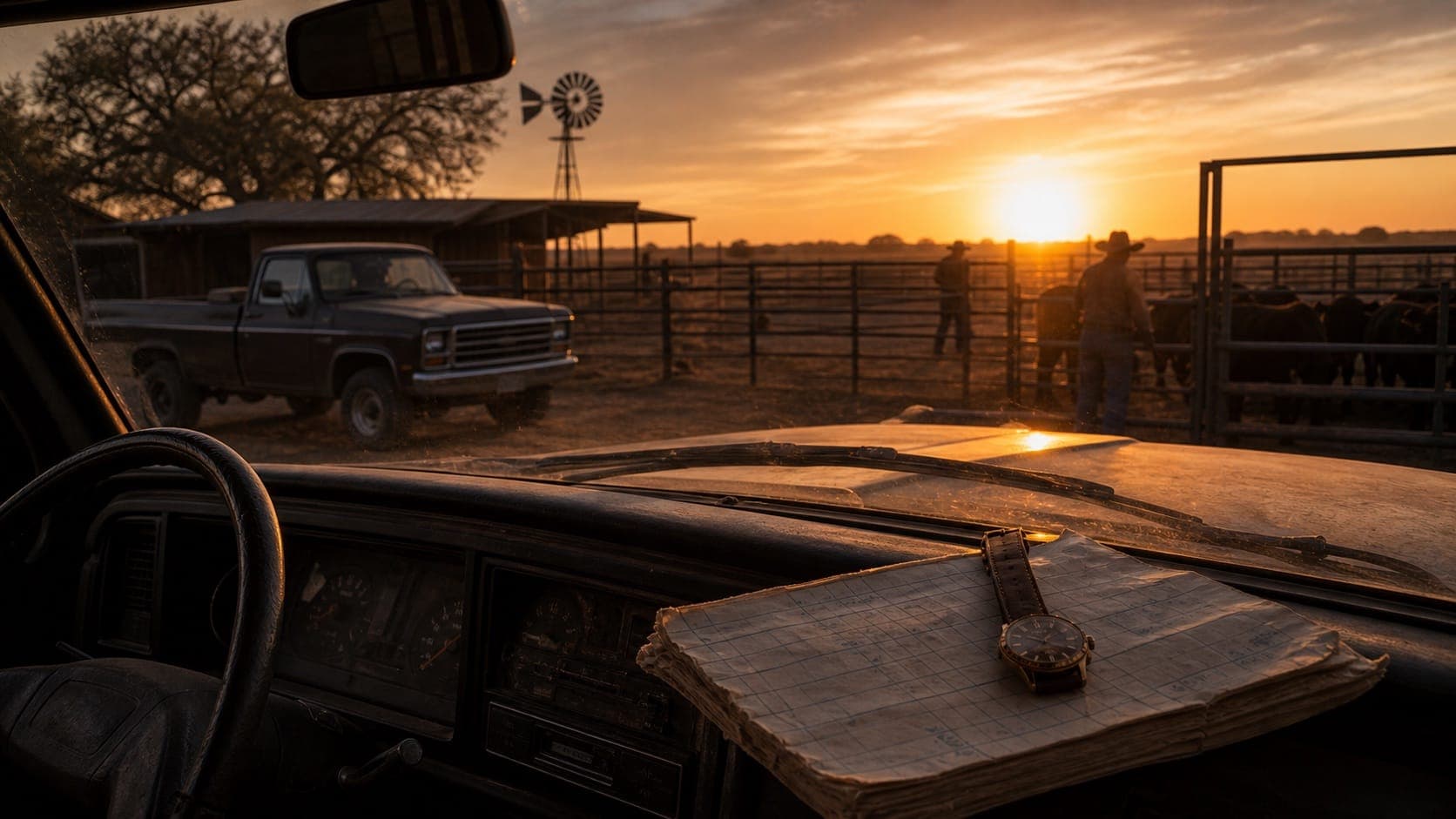 A South Texas ranch at sunrise seen from inside a pickup truck with a cattle schedule and wristwatch on the dashboard