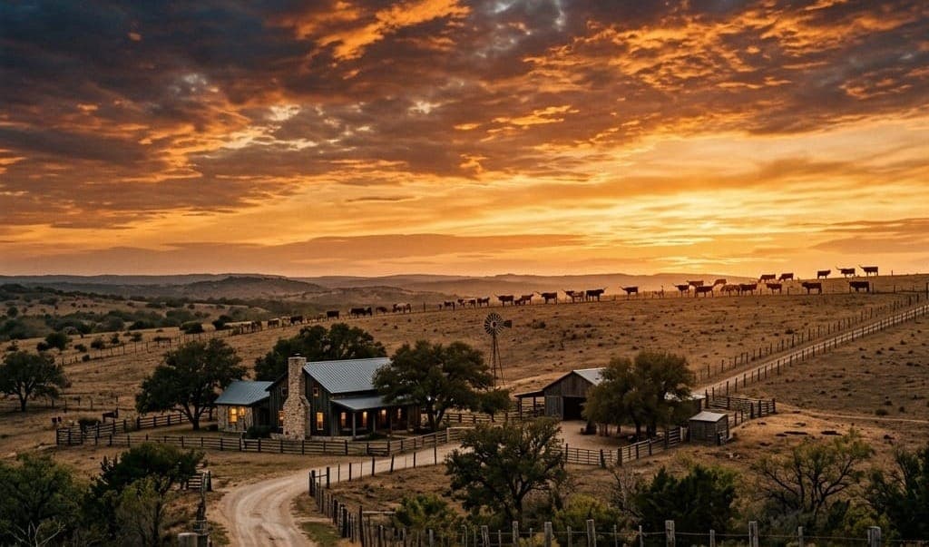 A South Texas ranch at sunset with cattle on the ridge and a road leading toward the house